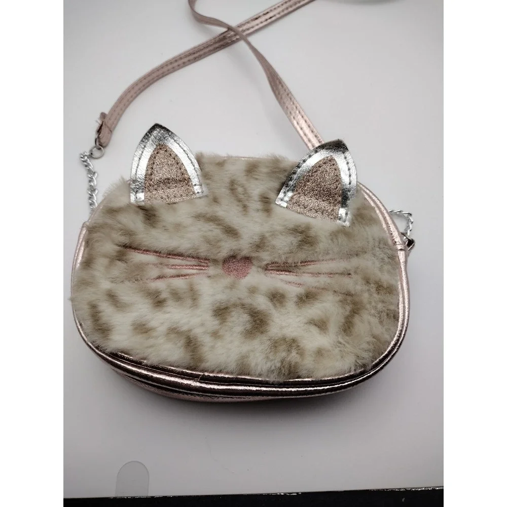 JMG Girls Rose Gold Metallic Cat Crossbody Purse Faux Fur Leopard Print Bag